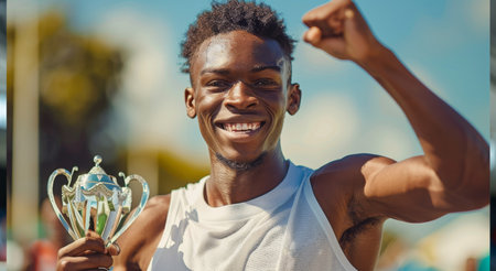 Young athlete celebrates victory with trophy in dynamic outdoor settingの素材