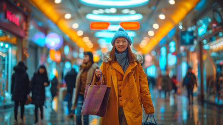 Vibrant shopping experience in a bustling street market during winter eveningの素材