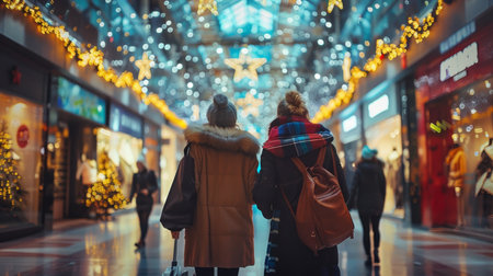 Shopping experience filled with holiday decorations and lights in a bustling mall during the festive seasonの素材