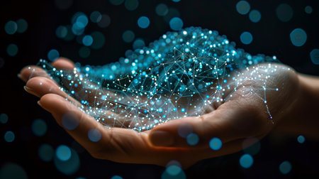 Capturing the essence of artificial intelligence with glowing connections in a handの素材