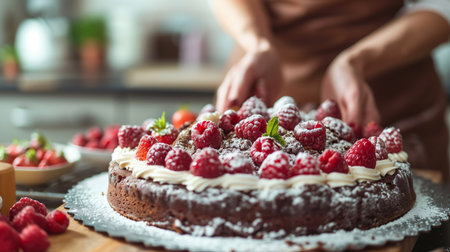 Mastering dessert decoration with fresh raspberries and creamy frosting in a home kitchenの素材