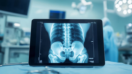 Detailed view of an x-ray showing pelvic region in a medical facility during surgeryの素材
