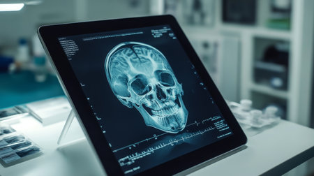 X-ray scan of a human skull displayed on a digital tablet in a medical settingの素材