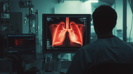 Medical professional analyzing lung x-ray images in a modern clinicの素材