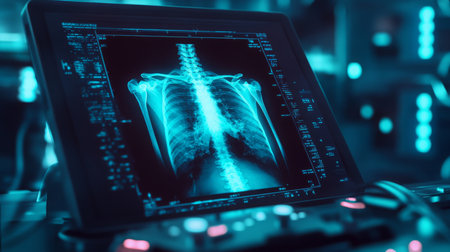 X-ray scan displayed on tablet showcasing detailed anatomy in medical examination settingの素材