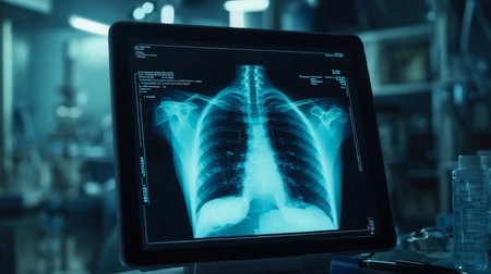 X-ray scan showing detailed view of human lungs on digital display in medical facilityの素材