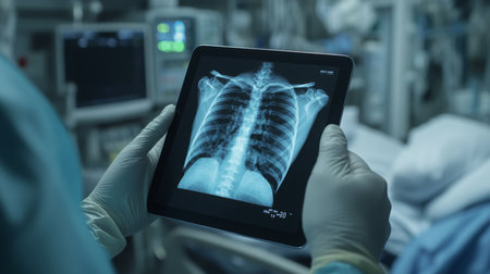 Doctor analyzing x-ray results on a tablet in a medical facility during patient evaluationの素材