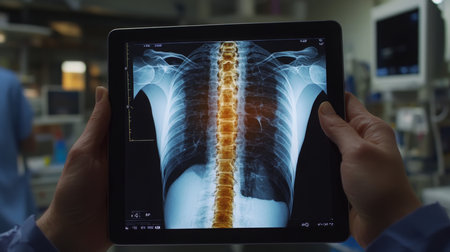 Medical professionals analyze x-ray images during patient examination in clinical settingの素材