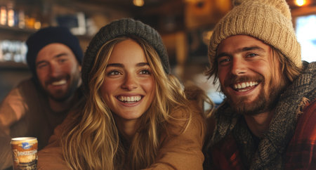 Friends smiling together in cozy setting during winter with warm drinks and festive atmosphere. Generative AIの素材