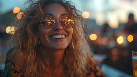 Smiling woman with curly hair enjoying a drink during a vibrant sunset at a lively outdoor gathering. Generative AIの素材