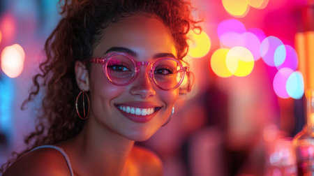 Smiling woman in glasses enjoying vibrant nightlife at a colorful bar setting with bright lights in the background. Generative AIの素材