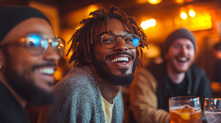 Friends enjoying a lively evening at a bar with drinks and laughter in a warm atmosphere. Generative AIの素材