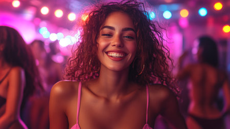 Woman smiling in colorful party environment with bright lights and vibrant atmosphere during a lively event. Generative AIの素材