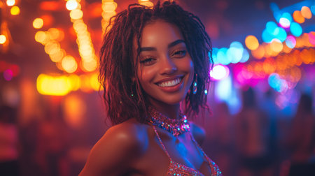 Vibrant celebration with a joyful woman displaying beautiful dreadlocks in a colorful, illuminated festival atmosphere. Generative AIの素材