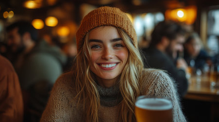 Smiling woman in cozy sweater and beanie enjoying a drink in a warm bar setting during evening hours. Generative AIの素材