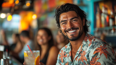 Smiling man enjoying a tropical drink at a vibrant outdoor bar during a sunny afternoon with friends. Generative AIの素材