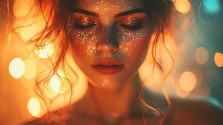 Sparkling beauty with glowing face art in an enchanting atmosphere during twilight. Generative AIの素材