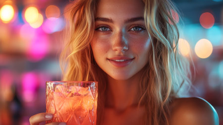 Young woman smiling while holding a colorful drink in a vibrant bar setting during evening hours. Generative AIの素材