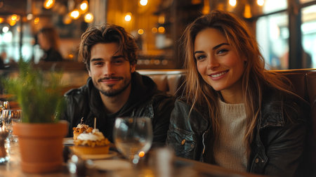 Couple enjoying dessert and drinks in a cozy cafe with warm lighting during an evening outing in the city. Generative AIの素材