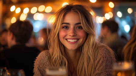Woman smiles brightly at a cozy gathering in a lively cafe decorated with warm lights during an evening outing with friends. Generative AIの素材