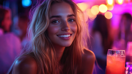 Young woman smiling at a vibrant bar with colorful lights and drinks in hand during a night out. Generative AIの素材