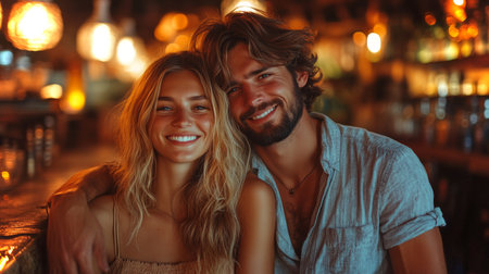 Beautiful young couple enjoying a cozy evening together in an intimate bar with warm lighting. Generative AIの素材