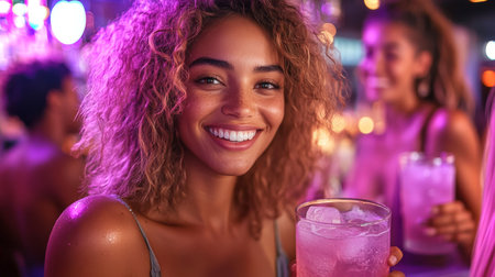 Smiling woman enjoying a colorful cocktail at a lively bar during a night out with friends. Generative AIの素材