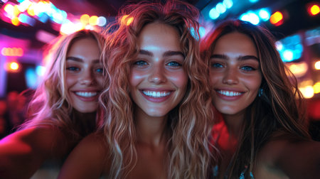 Friends enjoying a vibrant night out at a lively party with colorful lights and energetic atmosphere. Generative AIの素材