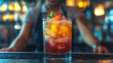 Colorful cocktail with fresh fruit served at a lively bar during the evening hours. Generative AIの素材