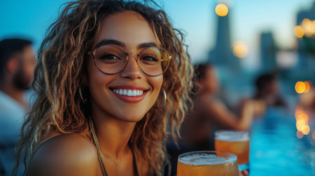 Smiling woman enjoying drinks at rooftop gathering during sunset with vibrant city skyline in background. Generative AIの素材