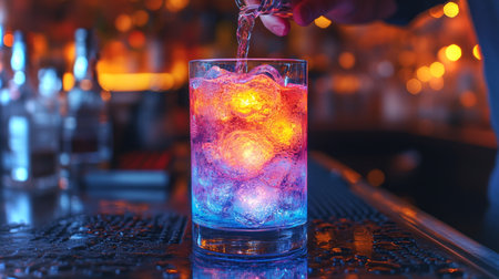 Colorful drink preparation at a lively bar during evening hours. Generative AIの素材