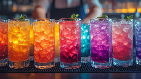 Colorful mixed drinks arranged in a row at a lively bar during a busy evening with vibrant lighting. Generative AIの素材