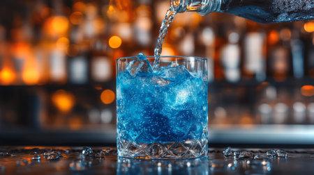 Refreshing blue cocktail being poured over ice in a bar setting with vibrant background lights. Generative AIの素材