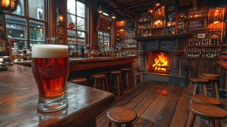 Cozy pub interior with amber beer on a wooden table and a roaring fireplace inviting warmth during winter evenings. Generative AIの素材