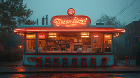 Classic diner illuminated at night showcasing vibrant neon signage and inviting atmosphere. Generative AIの素材