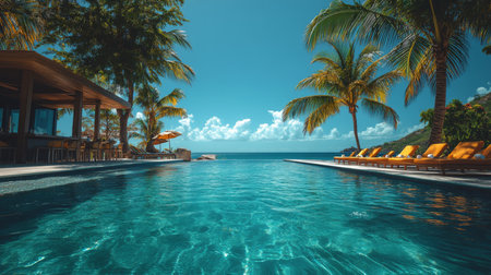 Relaxing afternoon by the pool with stunning ocean view and palm trees in a tropical paradise. Generative AIの素材