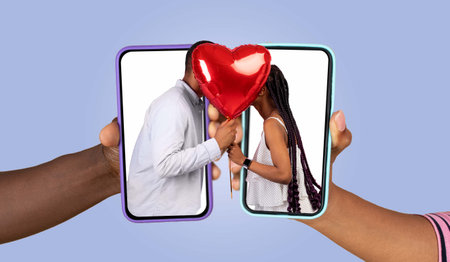 Couple sharing love through smartphone messages in a creative collage