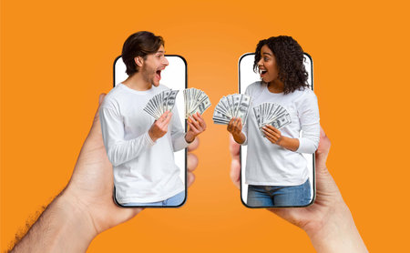 A couple happily engages in an online chat, holding smartphones