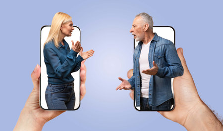 Couple argues about tech via smartphone screens