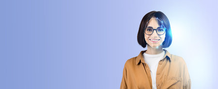 Modern facial recognition technology applied to a smiling young woman
