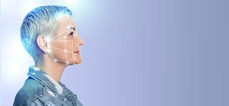 Facial recognition technology showcased by a woman in modern urban setting