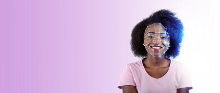 Modern facial recognition technology and identification on a smiling face