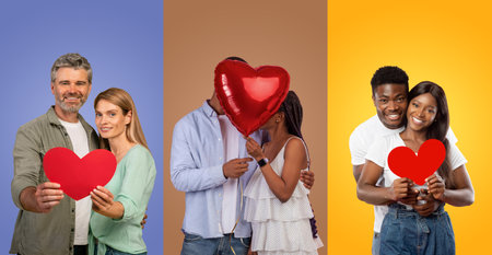 Happy couples celebrating love in a colorful collage for Valentines Dayの写真素材