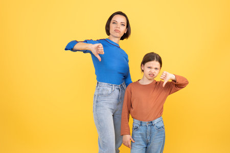 Mom and daughter express disapproval together against a bright yellow backgroundの写真素材