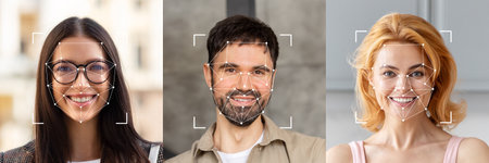 Diverse faces showcasing facial recognition technology in a modern settingの写真素材