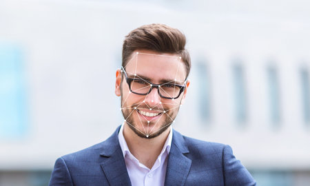 Facial recognition technology in action with a man smiling outdoorsの写真素材