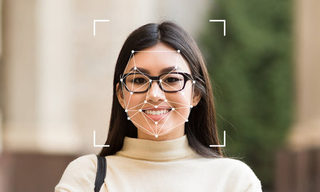 Facial recognition technology in action with a smiling woman outdoorsの写真素材