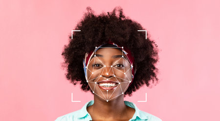 Facial recognition technology demonstrating identification on a smiling personの写真素材