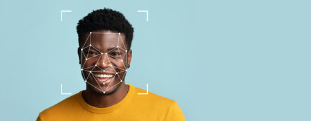 Advanced technology for facial recognition and identification on a smiling manの写真素材