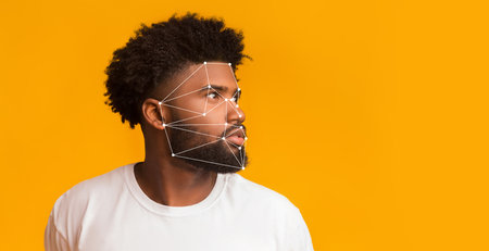 Facial recognition showcases a mans features against a bright backgroundの写真素材